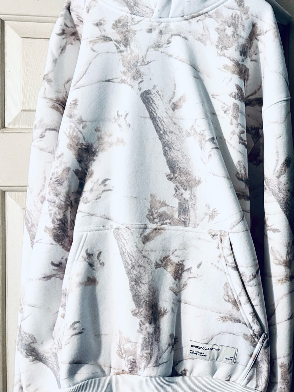 Comfort Collection White Cowl-Neck Hoodie Sweater with Taupe Tree Print